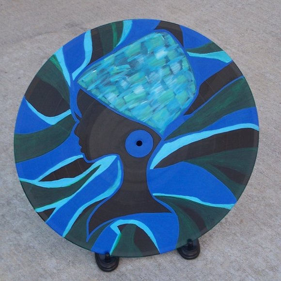 Handmade Painted Record with Lady in Hat Blue Green Black Upcycled Abstract
